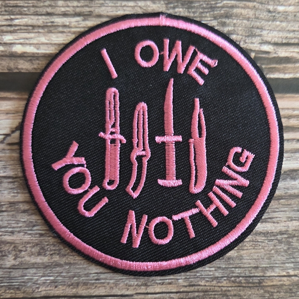 I Owe You Nothing Knife Switchblade Retro Rockabilly Biker Iron on Patch